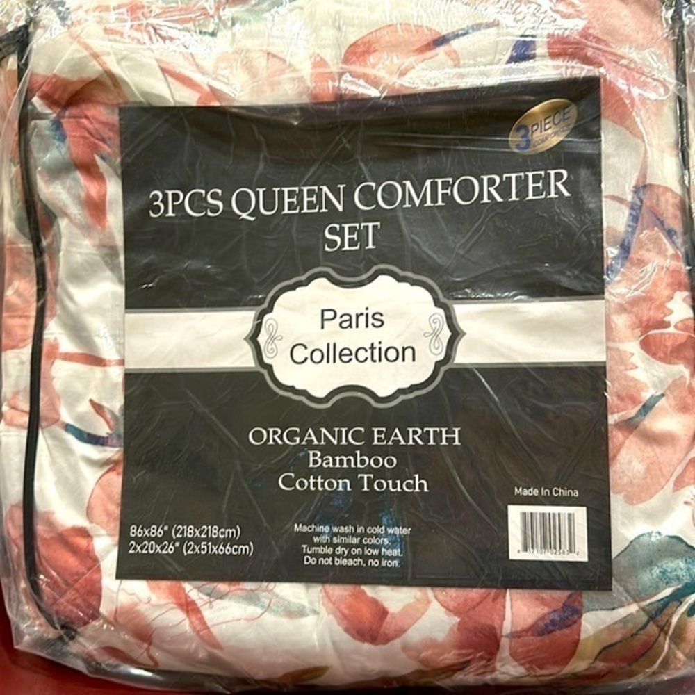 3 pc Queen Comforter set Pink Floral Print Organic Earth Bambo Cotton Touch